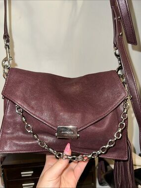 All Saints Plum Leather Crossbody with Silver Chain
